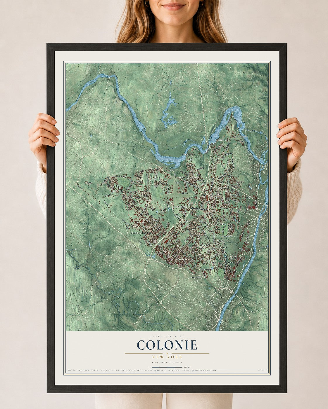 Colonie, New York map print, 24" x 36" W/ Black Ayous Wood Frame mockup
