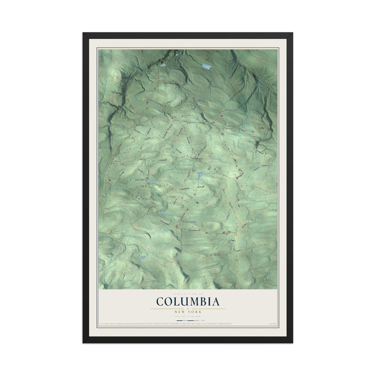 Columbia, New York map print, 12" x 18" W/ Black Ayous Wood Frame mockup