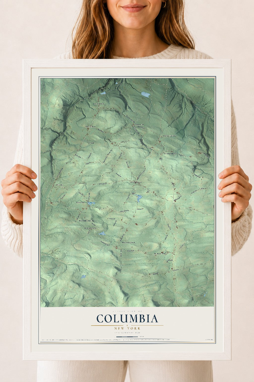 Columbia, New York map print, 18" x 24" W/ White Ayous Wood Frame mockup