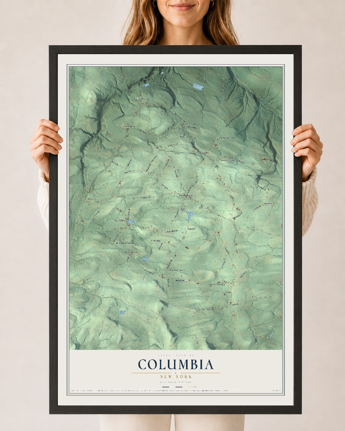 Columbia, New York map print, 24" x 36" W/ Black Ayous Wood Frame mockup