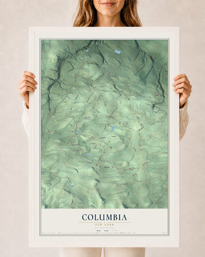 Columbia, New York map print, 24" x 36" W/ White Ayous Wood Frame mockup