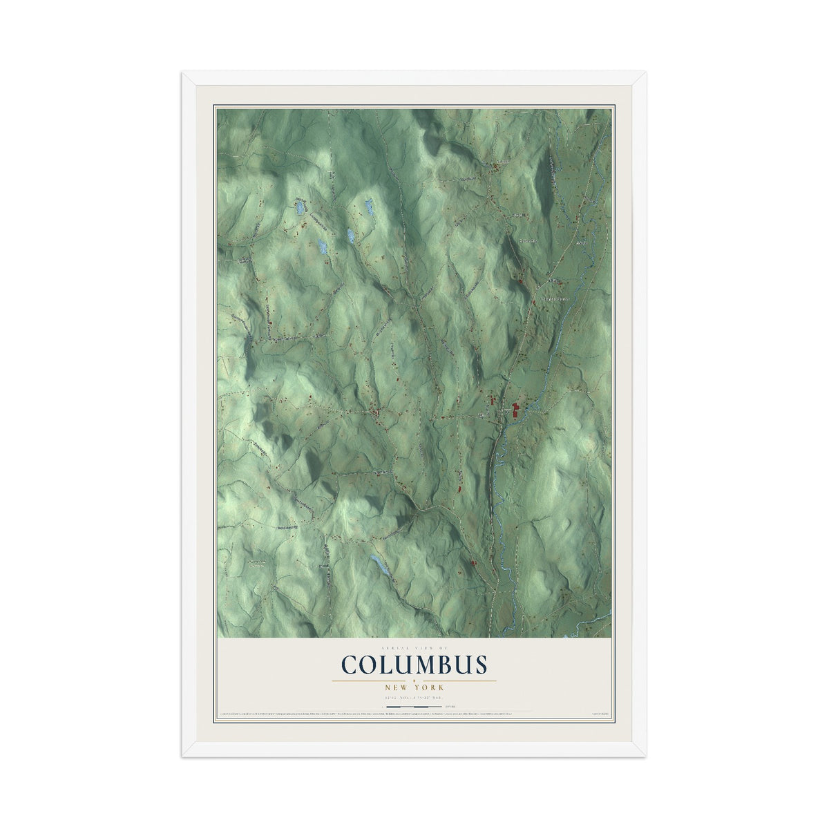 Columbus, New York map print, 12" x 18" W/ White Ayous Wood Frame mockup
