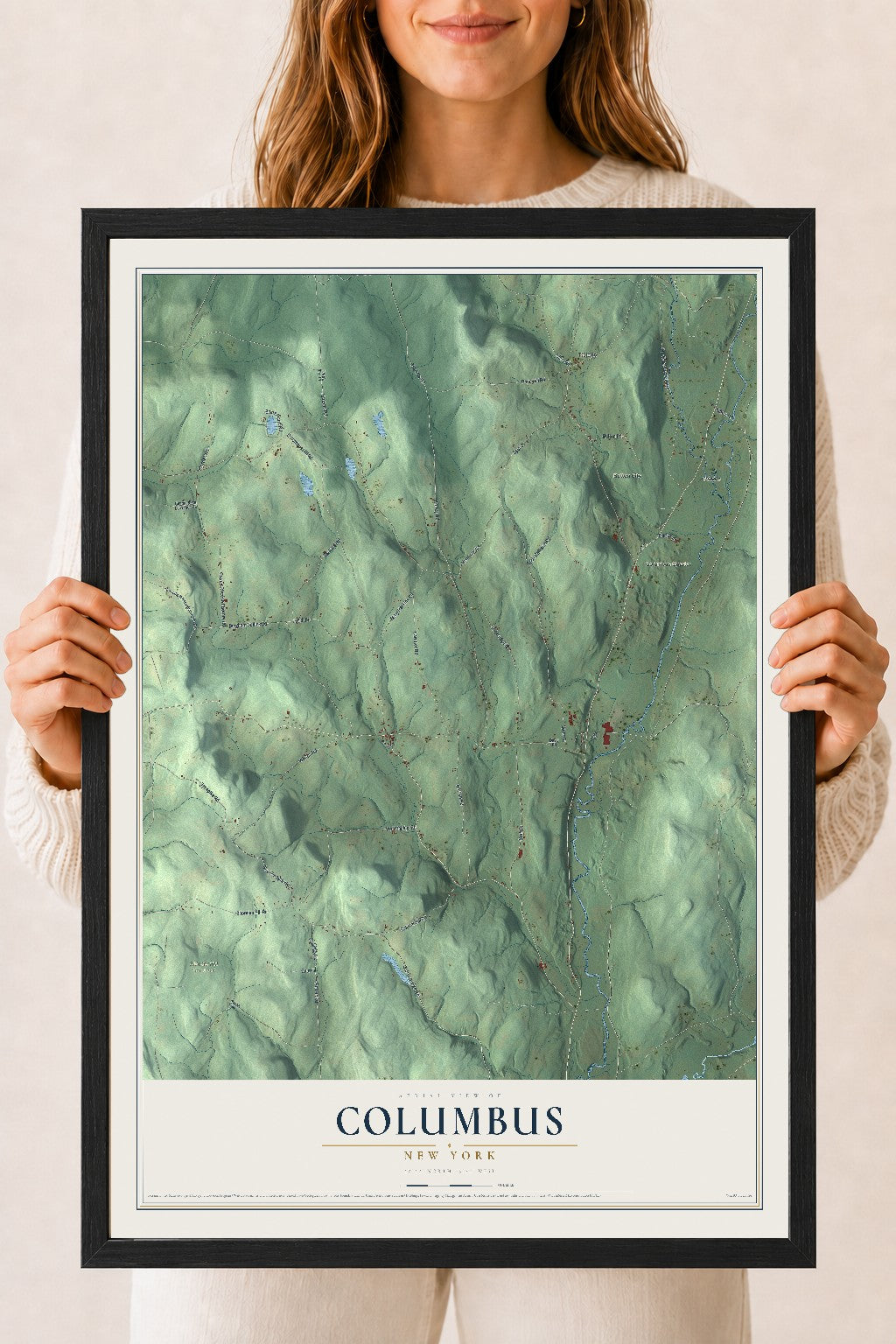 Columbus, New York map print, 18" x 24" W/ Black Ayous Wood Frame mockup