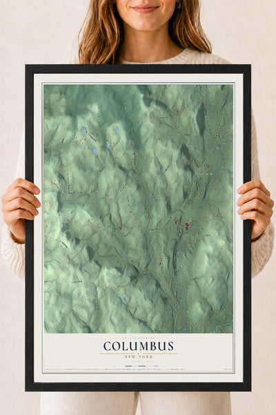 Columbus, New York map print, 18" x 24" W/ Black Ayous Wood Frame mockup