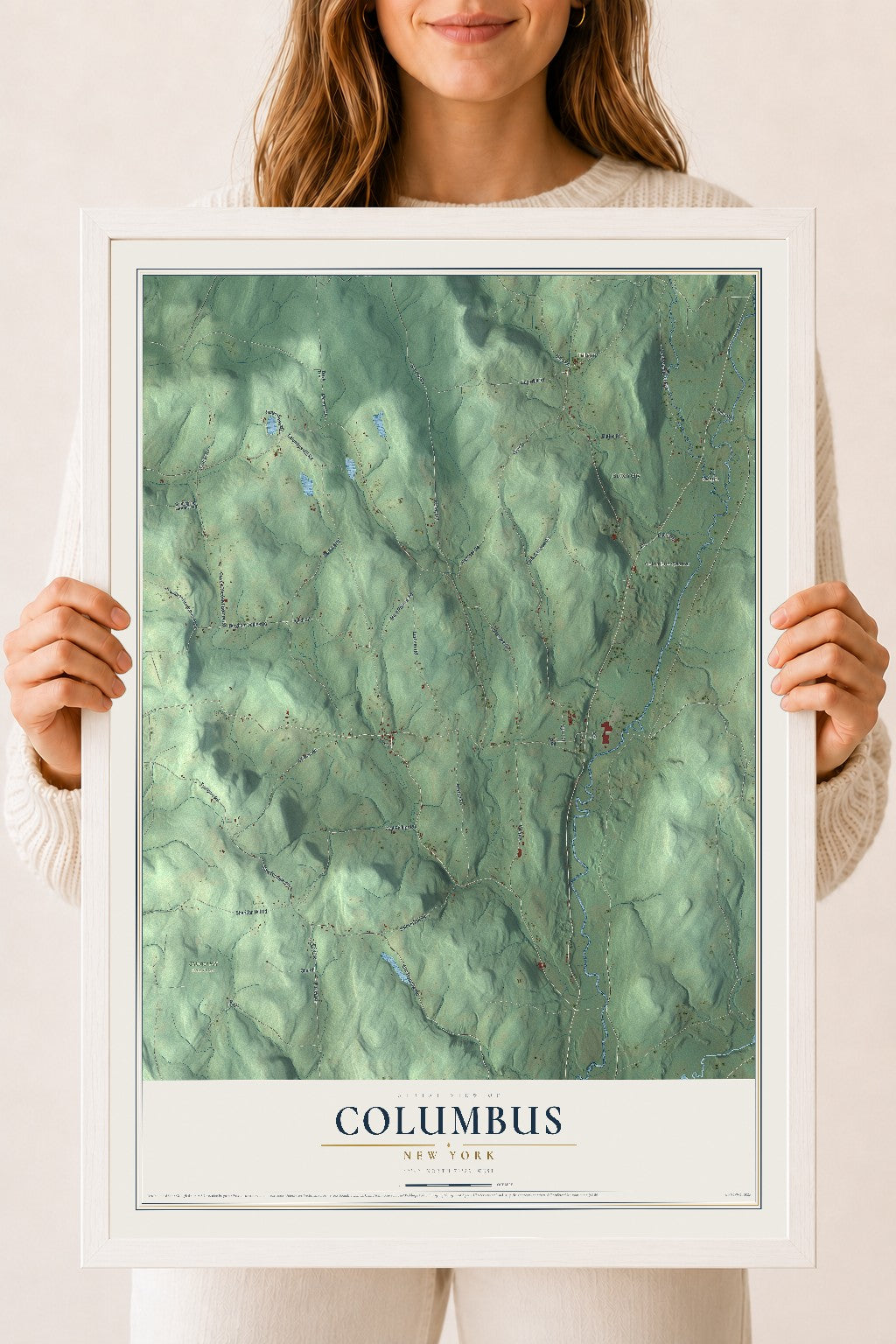 Columbus, New York map print, 18" x 24" W/ White Ayous Wood Frame mockup