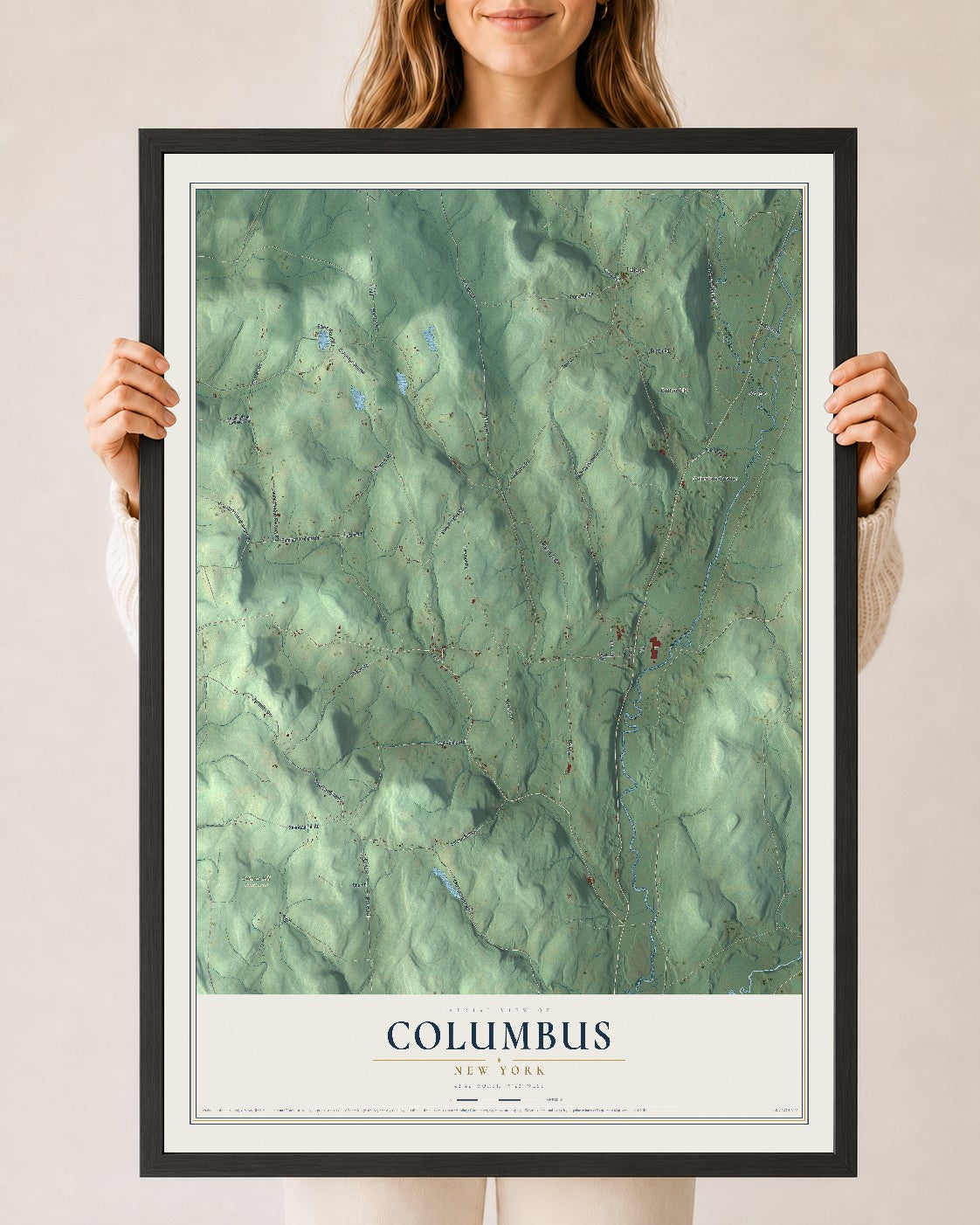 Columbus, New York map print, 24" x 36" W/ Black Ayous Wood Frame mockup