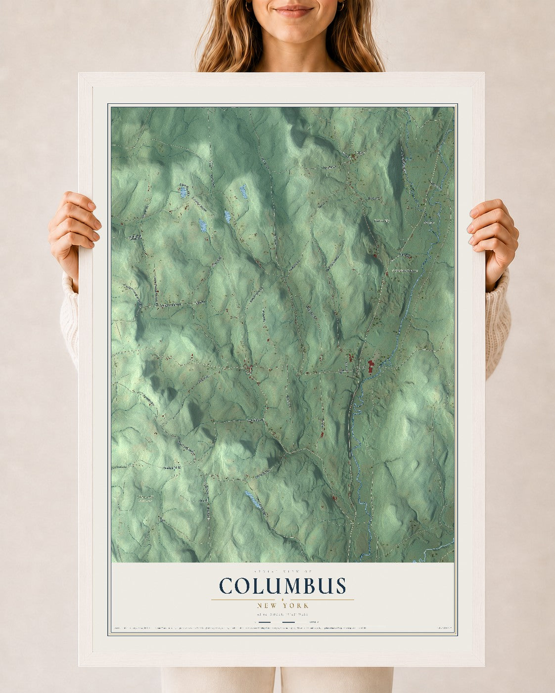 Columbus, New York map print, 24" x 36" W/ White Ayous Wood Frame mockup
