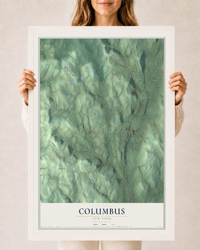 Columbus, New York map print, 24" x 36" W/ White Ayous Wood Frame mockup