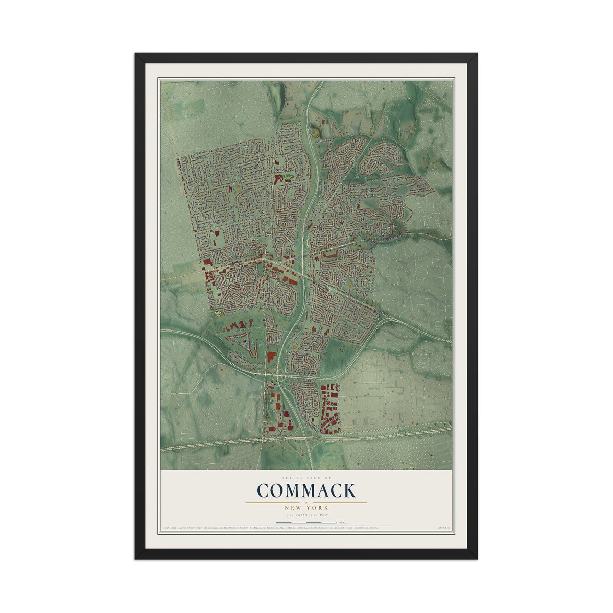 Commack, New York map print, 12" x 18" W/ Black Ayous Wood Frame mockup