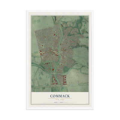 Commack, New York map print, 12" x 18" W/ White Ayous Wood Frame mockup