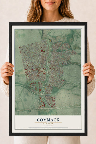 Commack, New York map print, 18" x 24" W/ Black Ayous Wood Frame mockup