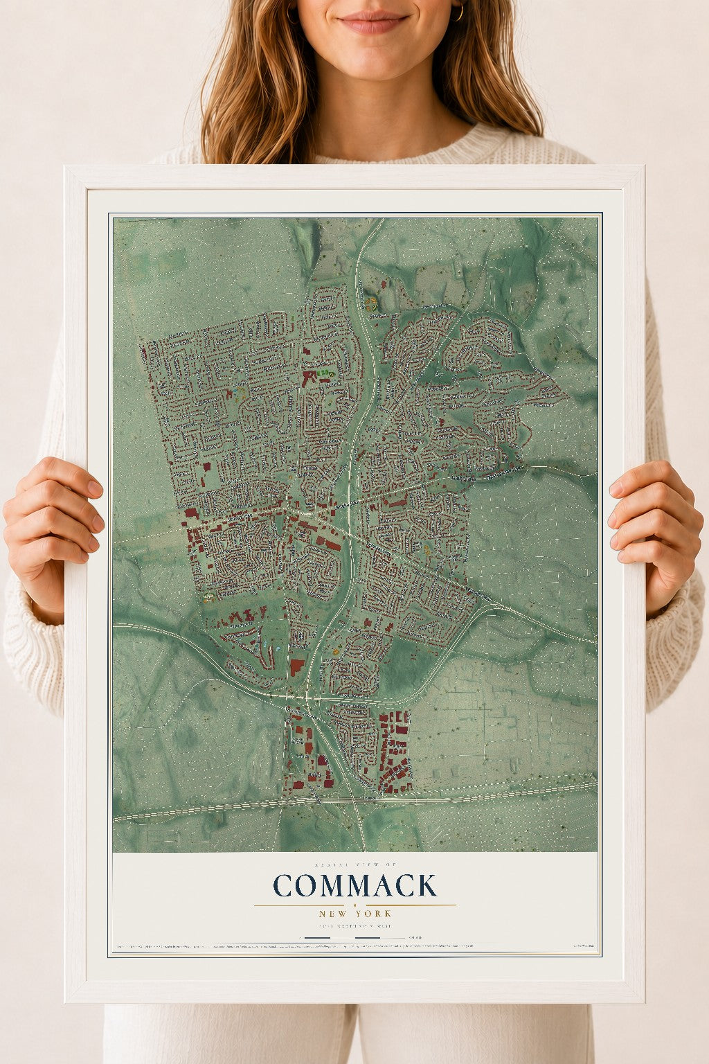 Commack, New York map print, 18" x 24" W/ White Ayous Wood Frame mockup