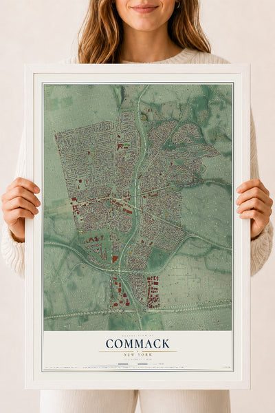 Commack, New York map print, 18" x 24" W/ White Ayous Wood Frame mockup