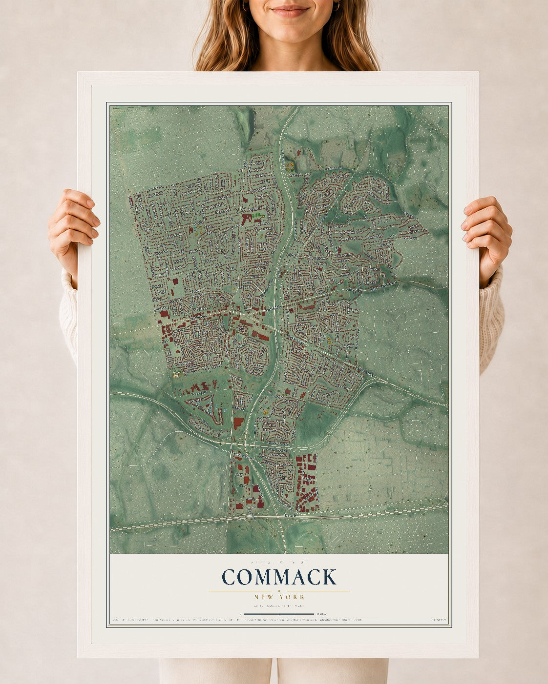 Commack, New York map print, 24" x 36" W/ White Ayous Wood Frame mockup