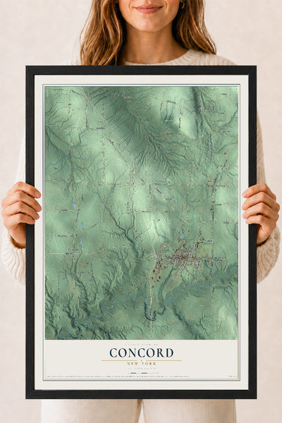 Concord, New York map print, 18" x 24" W/ Black Ayous Wood Frame mockup