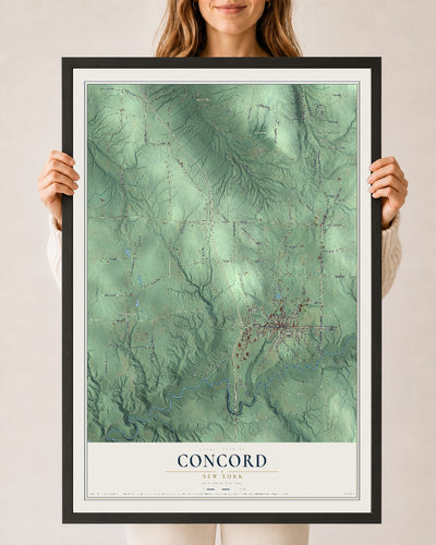 Concord, New York map print, 24" x 36" W/ Black Ayous Wood Frame mockup