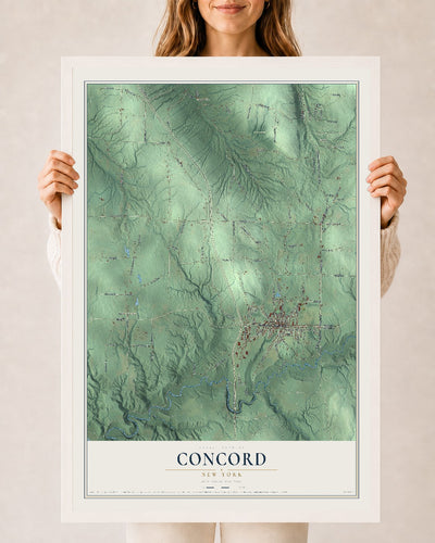 Concord, New York map print, 24" x 36" W/ White Ayous Wood Frame mockup