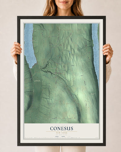Conesus, New York map print, 24" x 36" W/ Black Ayous Wood Frame mockup
