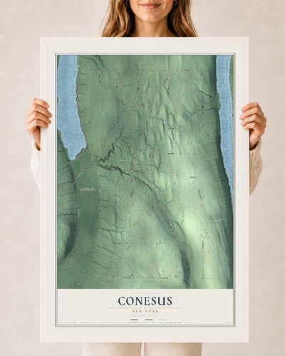 Conesus, New York map print, 24" x 36" W/ White Ayous Wood Frame mockup