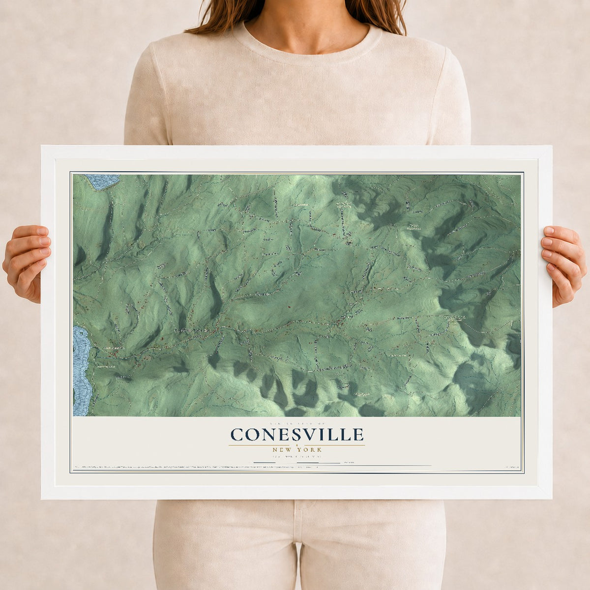 Conesville, New York map print, 12" x 18" W/ White Ayous Wood Frame mockup