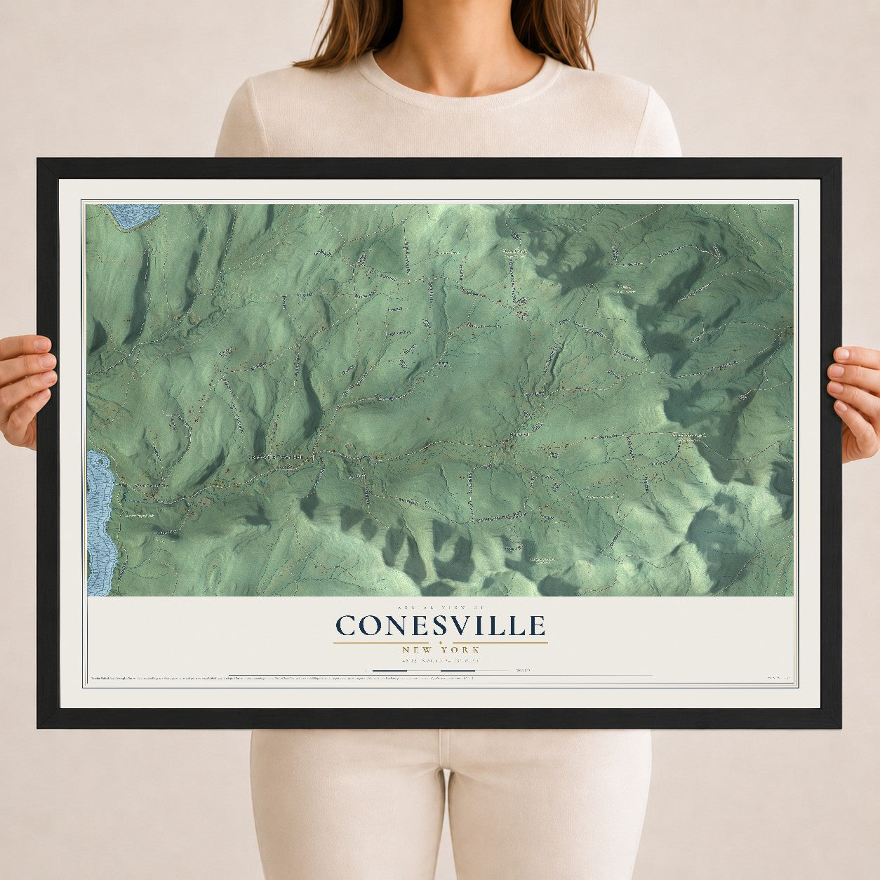 Conesville, New York map print, 18" x 24" W/ Black Ayous Wood Frame mockup