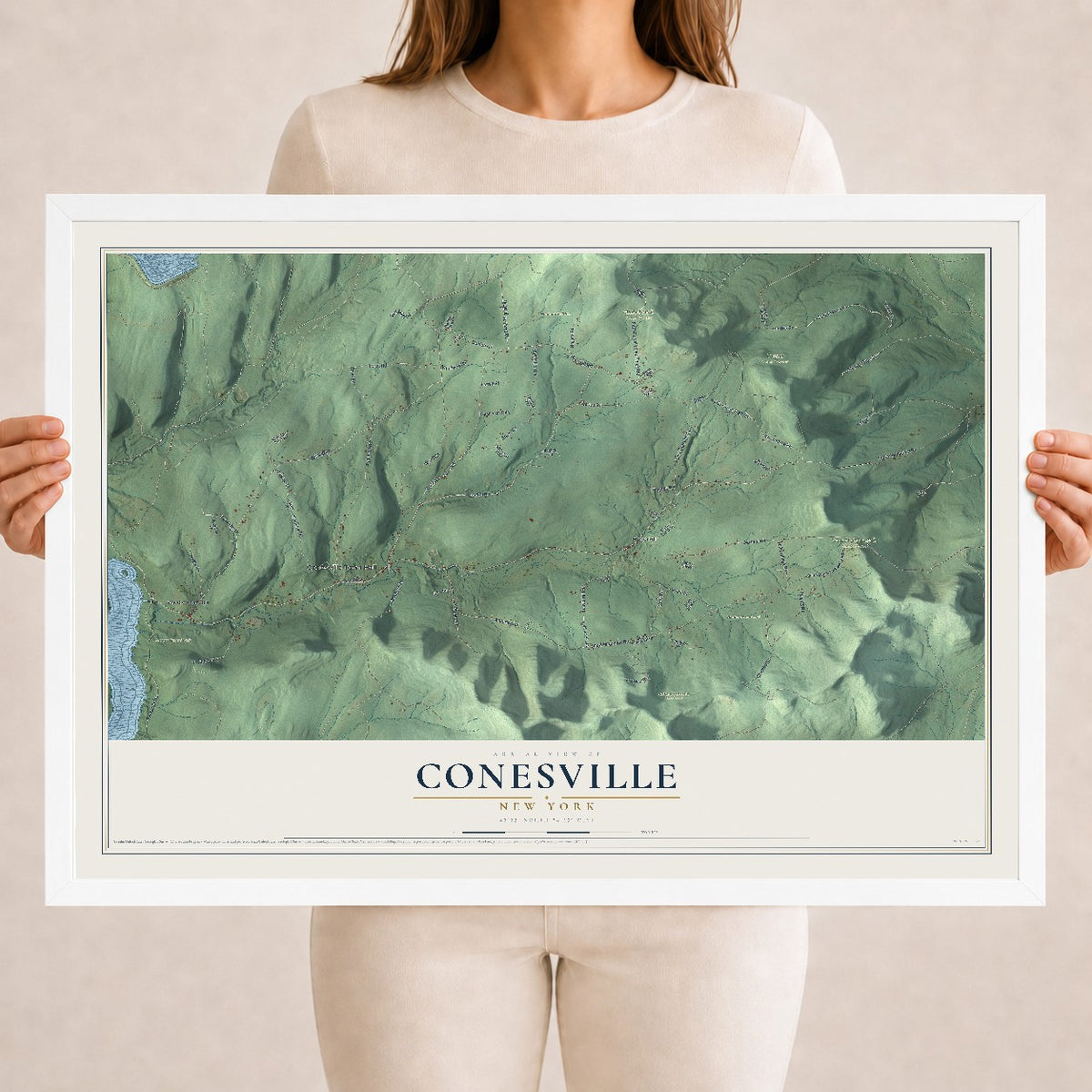 Conesville, New York map print, 18" x 24" W/ White Ayous Wood Frame mockup