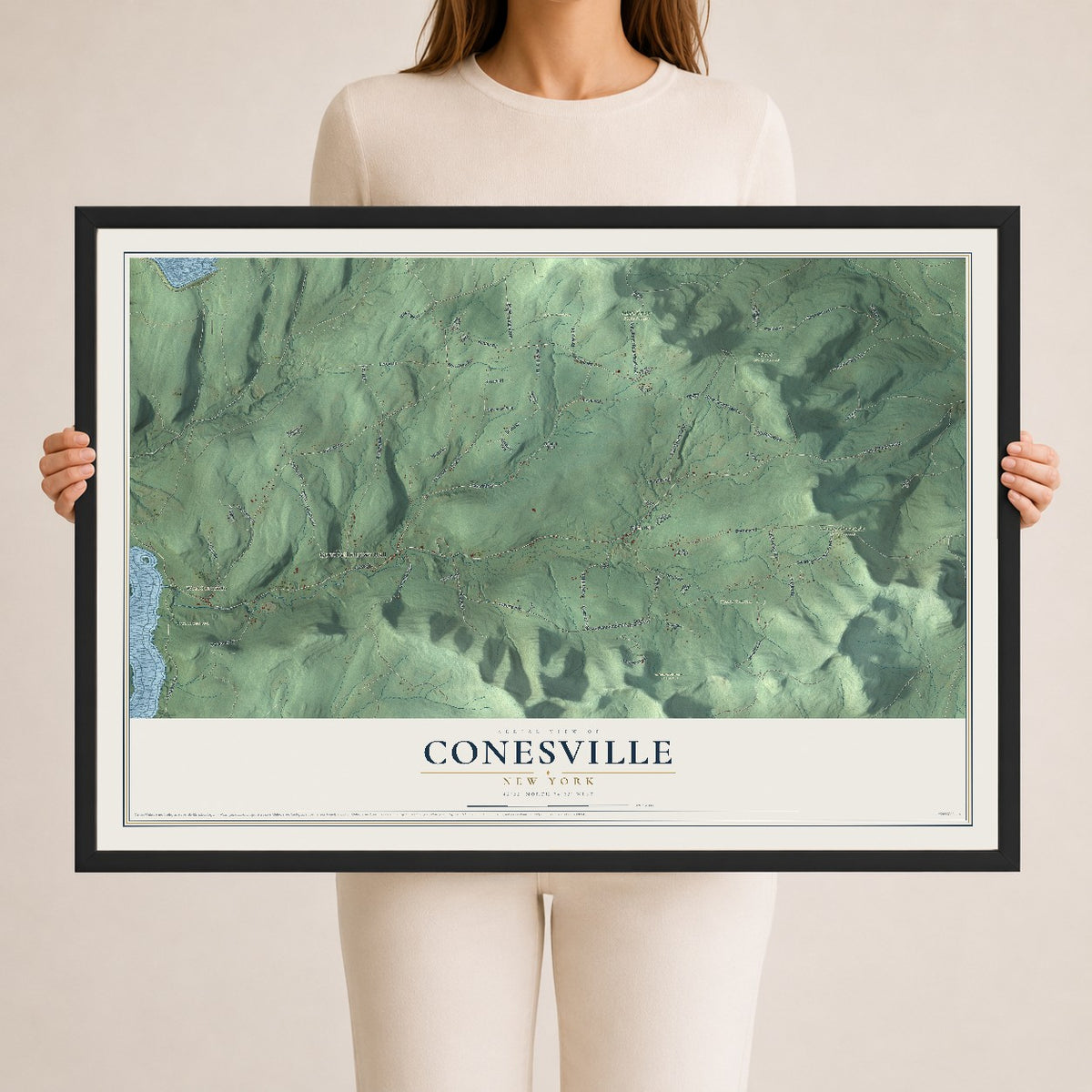 Conesville, New York map print, 24" x 36" W/ Black Ayous Wood Frame mockup