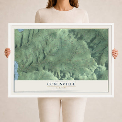 Conesville, New York map print, 24" x 36" W/ White Ayous Wood Frame mockup