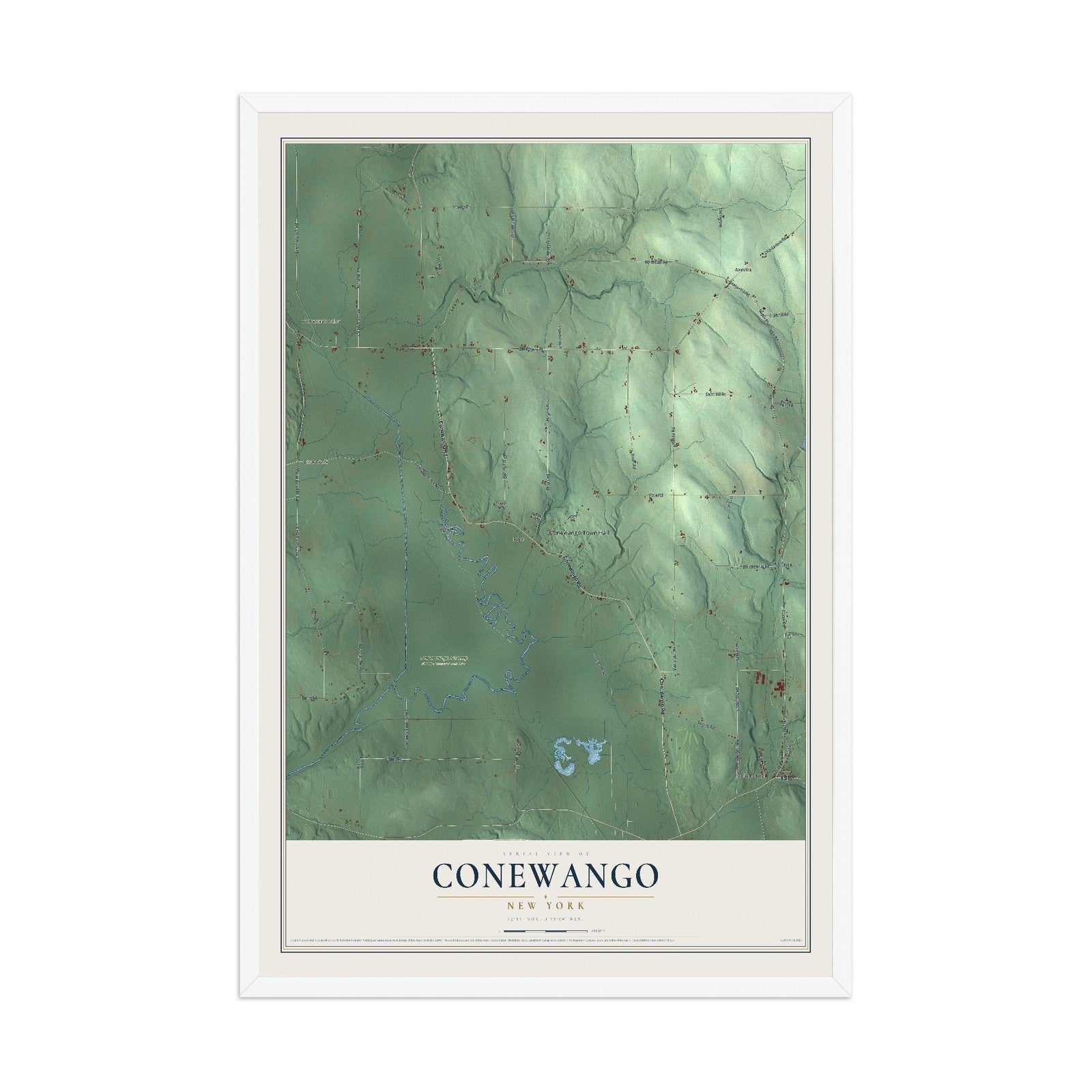 Conewango, New York map print, 12" x 18" W/ White Ayous Wood Frame mockup