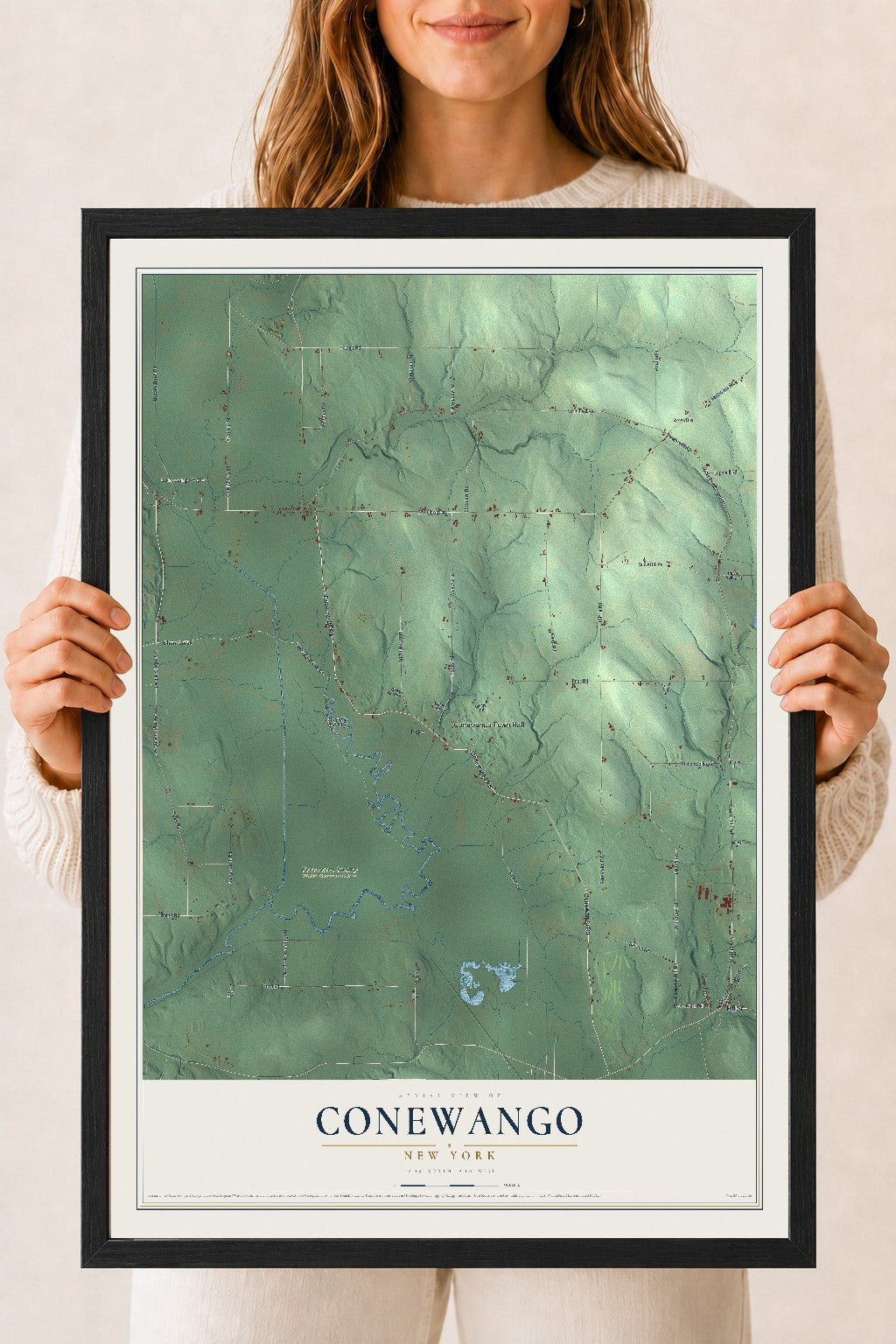 Conewango, New York map print, 18" x 24" W/ Black Ayous Wood Frame mockup