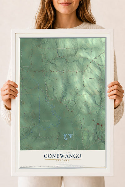 Conewango, New York map print, 18" x 24" W/ White Ayous Wood Frame mockup