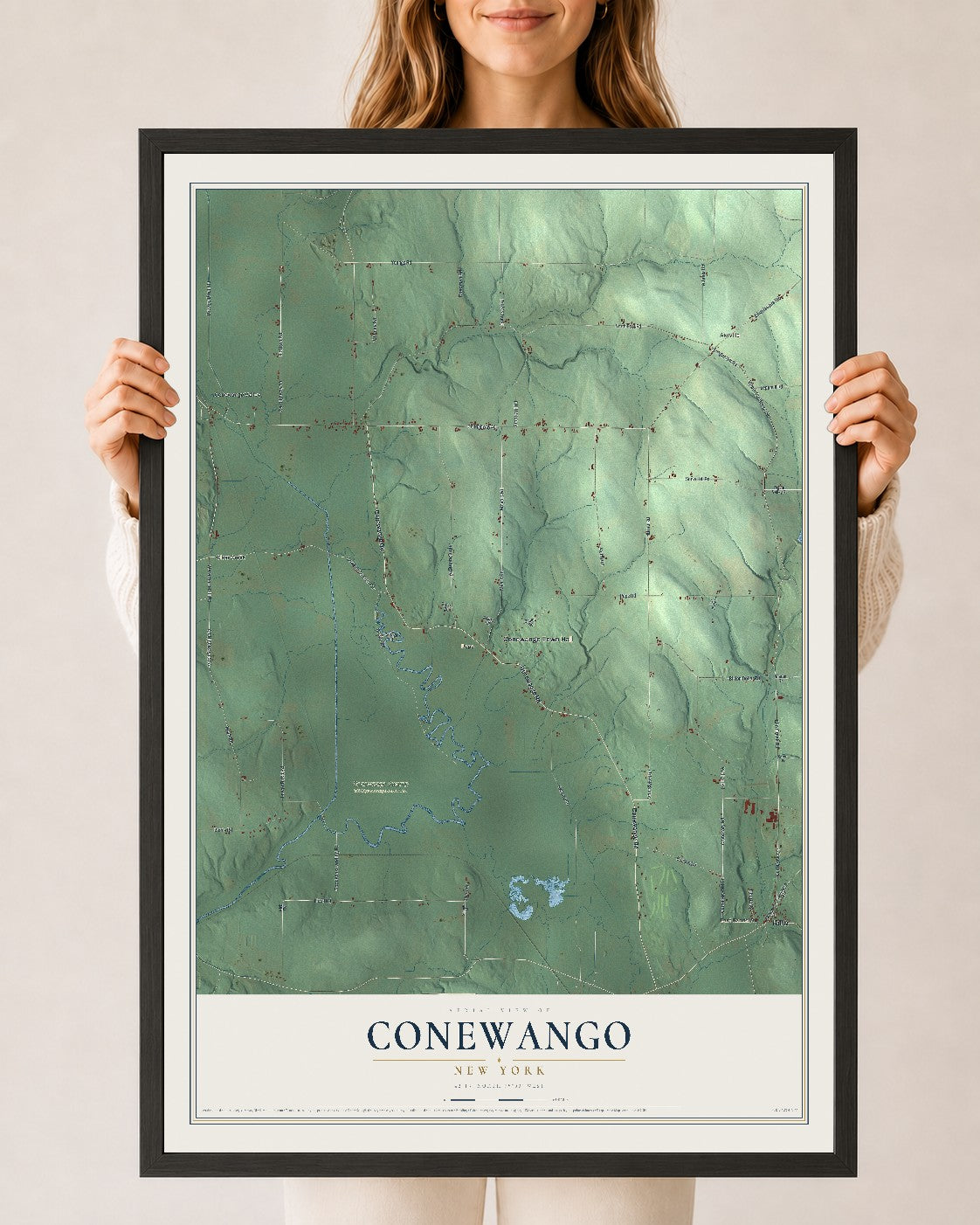 Conewango, New York map print, 24" x 36" W/ Black Ayous Wood Frame mockup