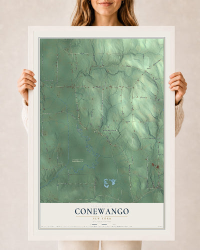 Conewango, New York map print, 24" x 36" W/ White Ayous Wood Frame mockup