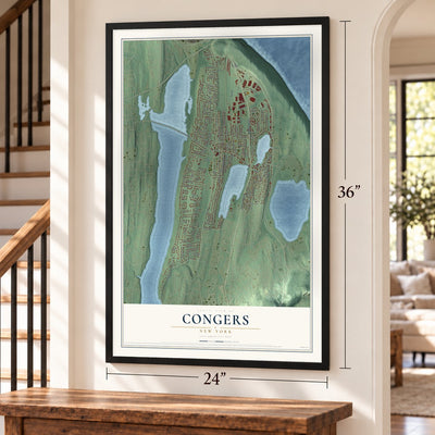Congers, New York map, 24 x 36 inch print in a black frame by a staircase