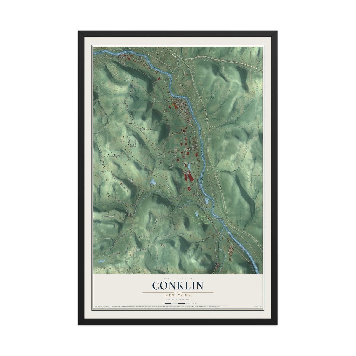 Conklin, New York map print, 12" x 18" W/ Black Ayous Wood Frame mockup