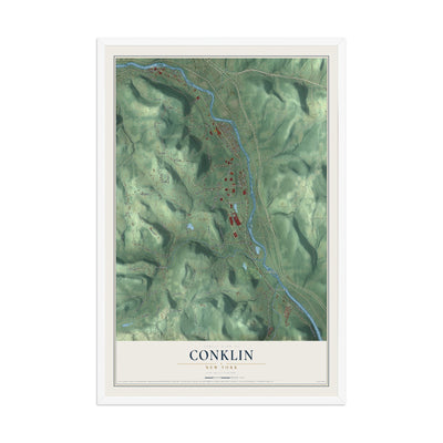 Conklin, New York map print, 12" x 18" W/ White Ayous Wood Frame mockup