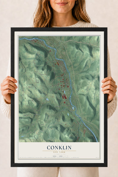 Conklin, New York map print, 18" x 24" W/ Black Ayous Wood Frame mockup