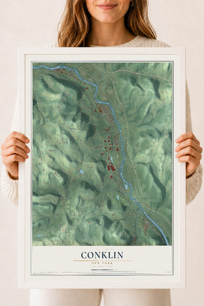 Conklin, New York map print, 18" x 24" W/ White Ayous Wood Frame mockup