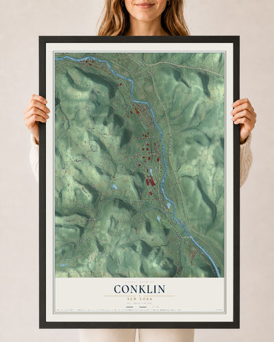 Conklin, New York map print, 24" x 36" W/ Black Ayous Wood Frame mockup