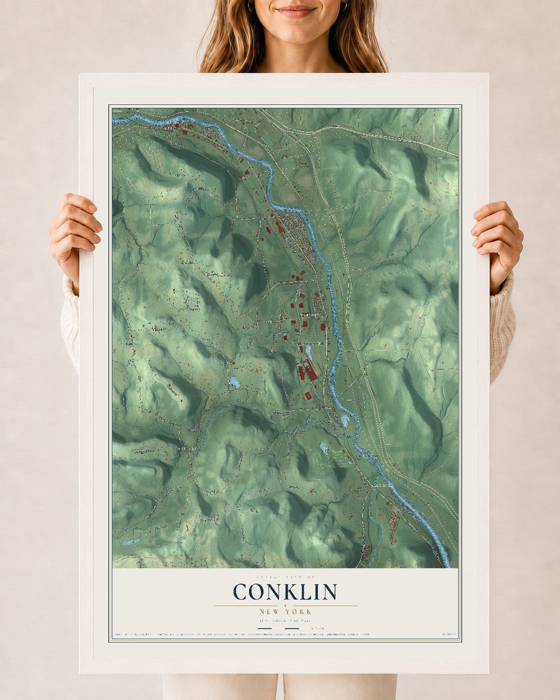 Conklin, New York map print, 24" x 36" W/ White Ayous Wood Frame mockup