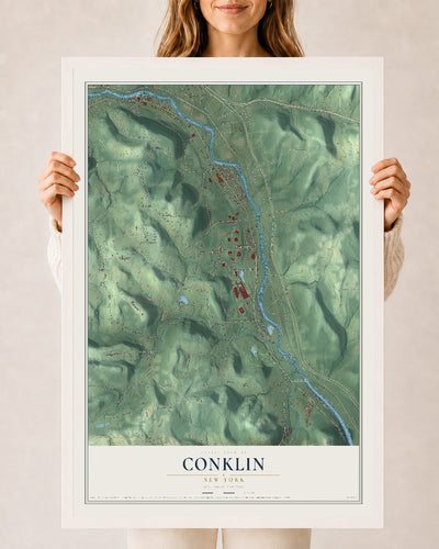 Conklin, New York map print, 24" x 36" W/ White Ayous Wood Frame mockup