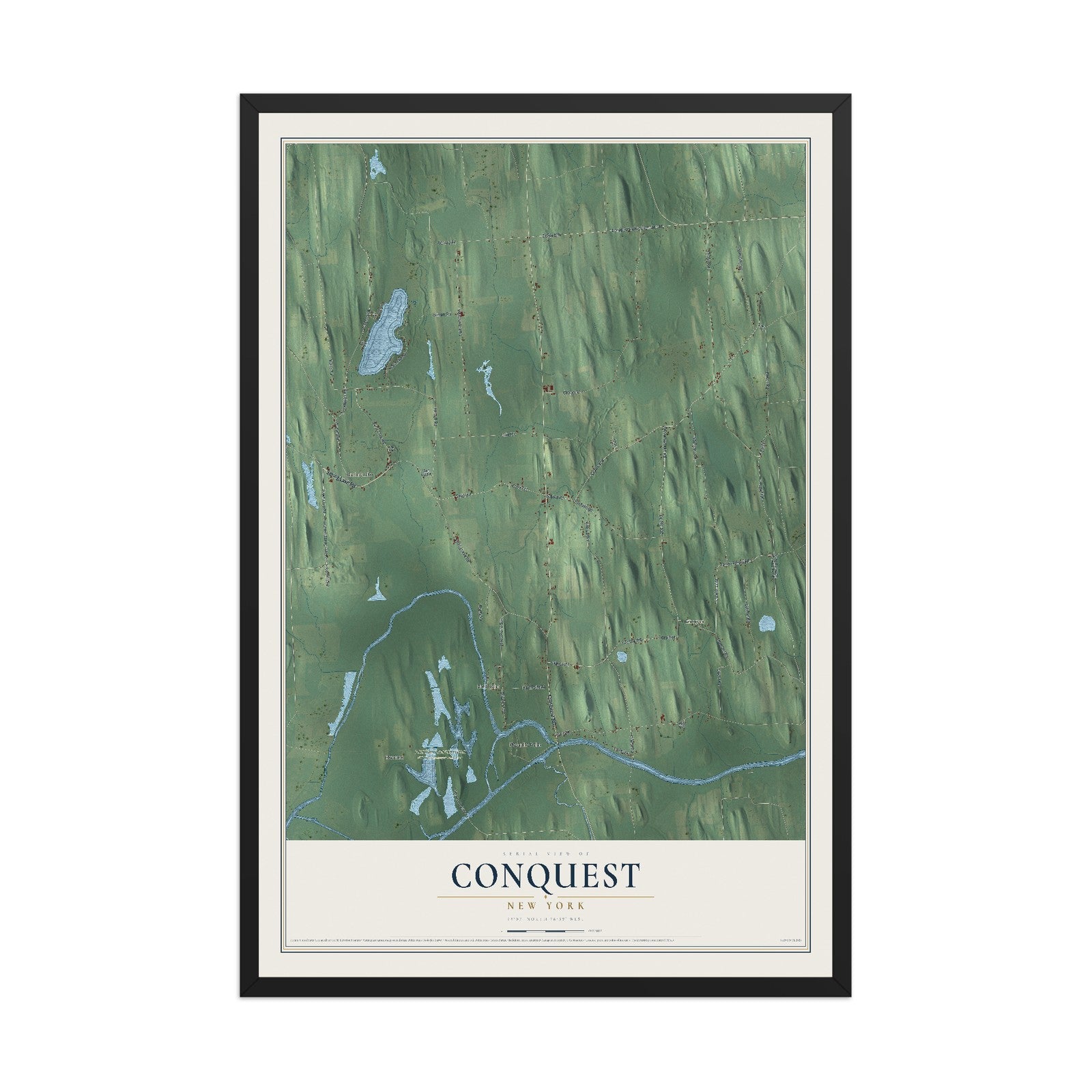 Conquest, New York map print, 12" x 18" W/ Black Ayous Wood Frame mockup