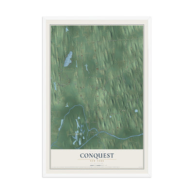 Conquest, New York map print, 12" x 18" W/ White Ayous Wood Frame mockup
