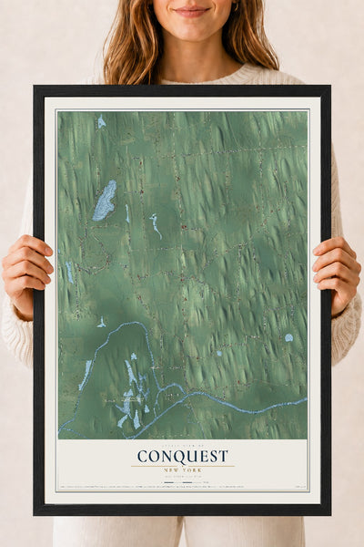 Conquest, New York map print, 18" x 24" W/ Black Ayous Wood Frame mockup