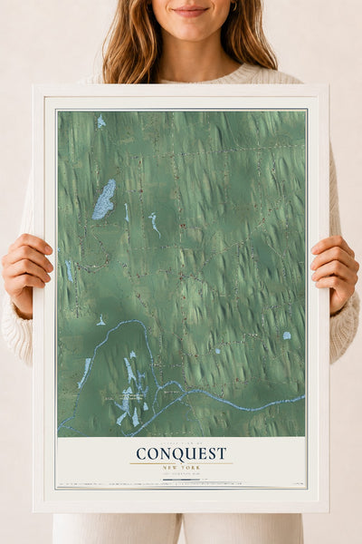 Conquest, New York map print, 18" x 24" W/ White Ayous Wood Frame mockup