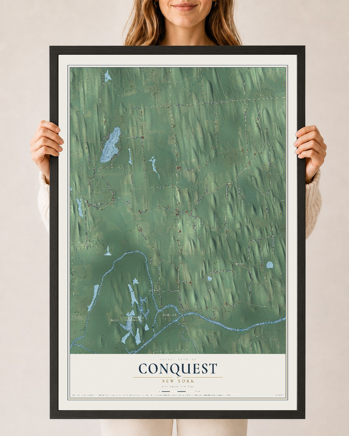 Conquest, New York map print, 24" x 36" W/ Black Ayous Wood Frame mockup