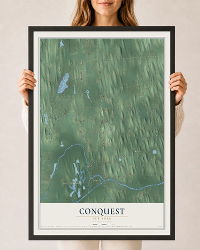 Conquest, New York map print, 24" x 36" W/ Black Ayous Wood Frame mockup