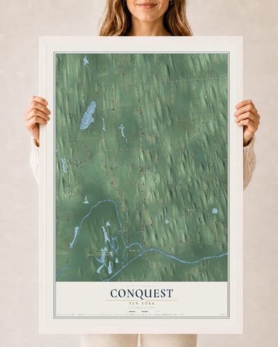 Conquest, New York map print, 24" x 36" W/ White Ayous Wood Frame mockup