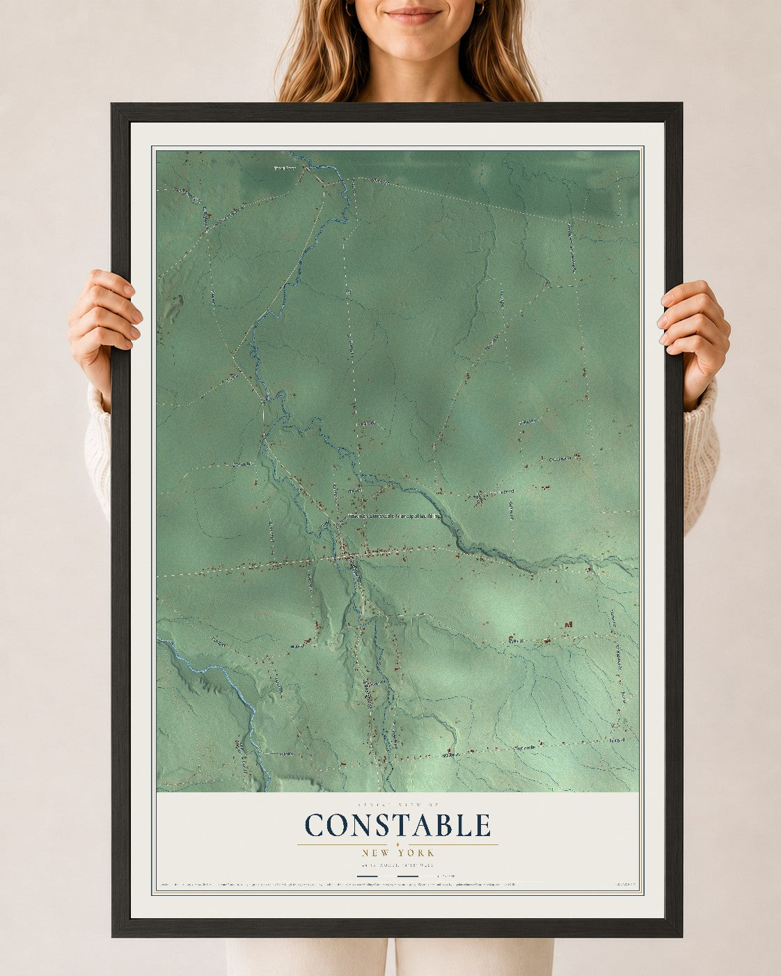 Constable, New York map print, 24" x 36" W/ Black Ayous Wood Frame mockup