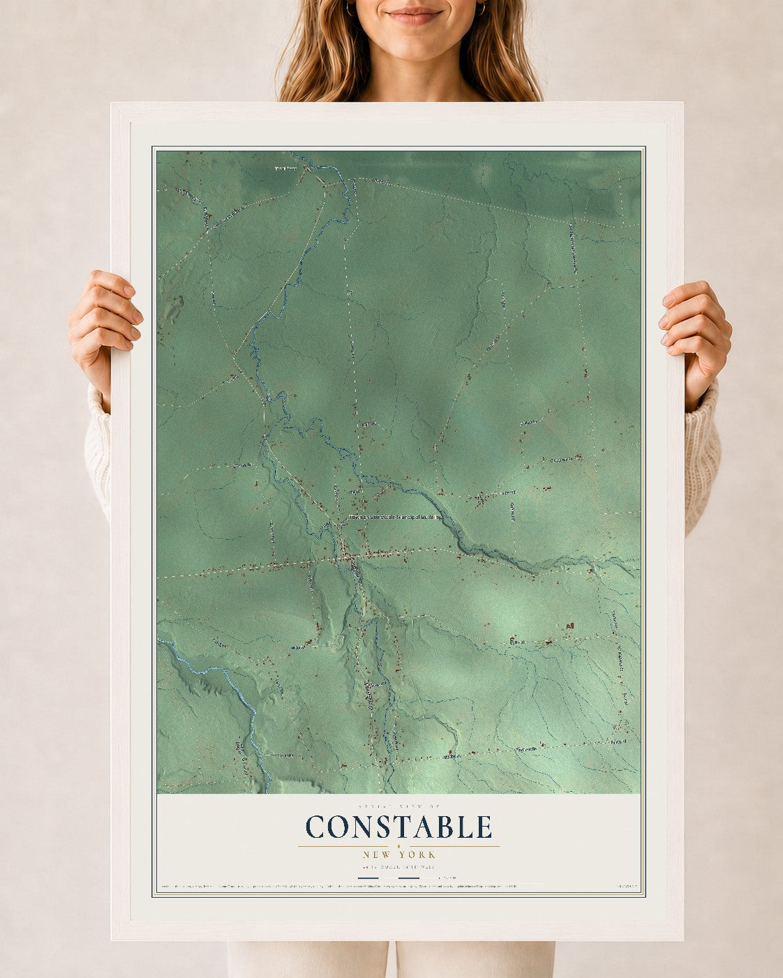 Constable, New York map print, 24" x 36" W/ White Ayous Wood Frame mockup